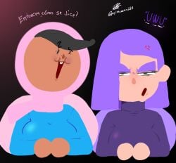 2girls black_hair bottom_heavy dialogue duolingo emo emo_girl fat_ass huge_ass lily_(duolingo) massive_ass no_outlines penicilino123 pepitocuario123 pink_pants purple_hair purple_pants simple_background spanish_text speech_bubble uwu zari_(duolingo)