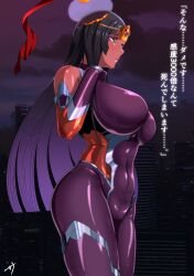 abiko_zyozi absurdres bad_id bad_pixiv_id black_hair bodysuit breasts cosplay covered_navel cowboy_shot curvy dark-skinned_female dark_skin fate/grand_order fate_(series) female fishnet_bodysuit fishnets forehead_jewel head_chain highres igawa_asagi igawa_asagi_(cosplay) impossible_bodysuit impossible_clothes long_hair ninja purple_bodysuit scheherazade_(fate) shiny_clothes shiny_skin silver_trim skin_tight skindentation solo taimanin_(series) taimanin_asagi taimanin_suit