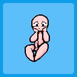 1boy 2021 bald black_pupils blue_background circle_head erect erect_penis erection isaac_(the_binding_of_isaac) light_skin long_face looking_at_penis looking_down male nude pixel_art simple_background sitting skinny solo sprite the_binding_of_isaac toony