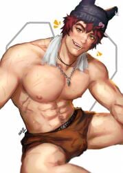 abs big_pecs bulge chest greentea heartsteel_series heartsteel_sett large_pectorals league_of_legends lollipop looking_at_viewer male male_focus male_only muscular muscular_male necklace nipples pecs pectorals sett solo solo_focus solo_male sweat sweatdrop underwear underwear_only