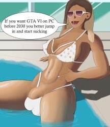 1futa balls big_breasts big_penis bikini blonde_hair bulge bulge_through_clothing clothed clothing dark-skinned_futanari dark_skin english_text erevos futa_only futanari grand_theft_auto grand_theft_auto_vi human light_skin long_hair mostly_nude multicolored_hair nipple_bulge open_mouth penis pointing_at_penis pointing_at_self pool pool_party_girl_(gta_vi) simple_background solo solo_futa speech_bubble suggestive_gesture sunglasses text_bubble tinted_eyewear tongue_piercing white_bikini