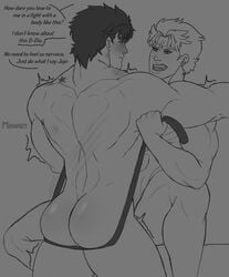 2boys ambiguous_penetration ass ass_focus ass_grab back_muscles back_turned back_view bara belt bite_mark bondage bubble_ass bubble_butt dialogue dio_brando ear_piercing earrings embarrassed english english_text grey_background human human_only imminent_sex jojo's_bizarre_adventure jonathan_joestar licking_lips male male/male male_only manart monochrome muscle muscles muscular muscular_male naked nude nude_male phantom_blood piercing rear_view rough_sex shaking sharp_teeth simple_background step-incest tattoo toned toned_male