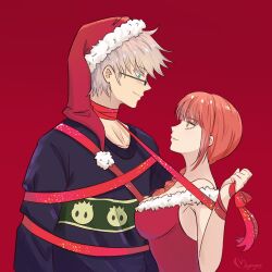1boy 1girls blue_eyes breasts_against_chest breasts_on_chest chainsaw_man christmas christmas_clothing christmas_dress christmas_headwear christmas_outfit company_connection crossover crossover_pairing female ginger glasses jujutsu_kaisen looking_at_partner makima_(chainsaw_man) male male/female red_ribbon santa_hat satoru_gojo side_view straight tied_up white_hair