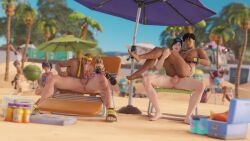 3d 3d_(artwork) alto_(fortnite) anal anus barefoot beach beach_chair beach_towel blowjob blowjob_face dire_(fortnite) drift_(fortnite) fortnite hat lifting_person male_focus male_only nude outdoors public public_nudity public_sex sandals sitting sr_richardd wilder_(fortnite)