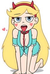 ai_generated blonde_hair blue_eyes breasts choker doggy_style fake_horns female heart looking_at_viewer meikerai3d open_mouth shirt star_butterfly star_vs_the_forces_of_evil