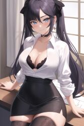 ai_generated blush bra_slip buttoned_shirt cleavage cowboy_shot day genshin_impact indoors kurodex looking_at_viewer medium_breasts mona_(genshin_impact) naughty_face office office_lady secretary seductive_smile shirt sitting_on_desk suggesting thick_legs thighhighs tight_skirt wide_hips