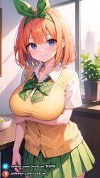 1girls ai_generated ass background blue_eyes blush breasts cute eyebrows eyebrows_visible_through_hair eyelashes female female_focus female_only front_view go-toubun_no_hanayome hair_between_eyes hair_ornament hair_ribbon hi_res highres huge_ass huge_breasts indoors junilun_nsfw light-skinned_female light_skin looking_at_viewer nakano_yotsuba orange_hair patreon patreon_username presenting presenting_breasts ribbon room shirt short_hair skirt smile solo solo_female solo_focus stable_diffusion standing sweater tagme thick_thighs thighs white_shirt