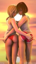 2girls 3d ass ass_focus beach bedroom_eyes big_ass bikini bikini_bottom blonde_hair blue_eyes disney hand_on_ass hugging kairi kingdom_hearts kingdom_hearts_iii lifeguard masterdan masterdansdojo namine nobody_(kingdom_hearts) panties pantsu red_hair square_enix sunset water white_shirt