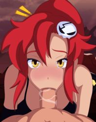 1boy 1girls :>= animated bikini_top blush colored fellatio female game_cg gif looking_at_viewer male male_pov oral ponytail pov pov_eye_contact red_hair snugbyte solo_focus straight tengen_toppa_gurren_lagann yellow_eyes yoko_littner