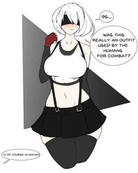 1girls blindfold blush comic cosplay dialogue embarrassed english_text female female_only femsub humiliation male maledom nier nier:_automata noodledoodles short_hair square_enix submissive submissive_female text thighhighs tifa_lockhart_(cosplay) tricked white_hair willing_sub yorha_2b