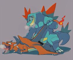 2019 ambiguous_gender ambiguous_penetrated anthro anthro_on_anthro blue_body blush bodily_fluids charizard claws crocodilian digital_media_(artwork) dragon duo feraligatr fire interspecies k0bit0wani lying male male/ambiguous male/male male_only male_penetrating male_penetrating_ambiguous membrane_(anatomy) membranous_wings nintendo nude on_front open_mouth orange_body penetration pokémon_(species) pokemon pokemon_(species) reptile scalie sex sharp_teeth simple_background tail_pull tears teeth tongue video_games wings