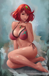 1girls 2020 bangs bare_arms bare_shoulders barefoot bikini breasts castcuraga cleavage female female_focus gem headpiece highres jewelry justin_paul large_breasts lips looking_at_viewer matching_hair/eyes navel nintendo parted_lips pyra realistic red_bikini red_eyes red_hair short_hair side-tie_bikini signature sitting smile solo swept_bangs swimsuit tiara twitter_username watermark web_address xenoblade_(series) xenoblade_chronicles_2 yokozuwari