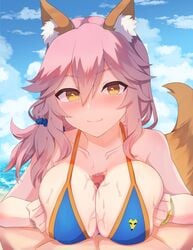 1boy animal_ear_fluff animal_ears ashido_(acidex) bikini blue_bikini blush breast_squeeze breasts censored cleavage clothed_female_nude_male clothed_sex collarbone fate/extra fate/grand_order fate_(series) female fox_ears fox_girl fox_tail highres large_breasts looking_at_viewer mosaic_censoring nude ocean outdoors outercourse paizuri paizuri_under_clothes penis pink_hair pov side-tie_bikini smile solo_focus straight swimsuit tail tamamo_no_mae_(fate) tamamo_no_mae_(swimsuit_lancer)