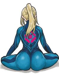 1girls ass ass_focus blonde_hair bottom_heavy dat_ass female female_focus female_only from_behind huge_ass long_hair metroid nintendo ponytail samus_aran sitting tight_clothing tsunamino_yuu zero_suit zero_suit_samus