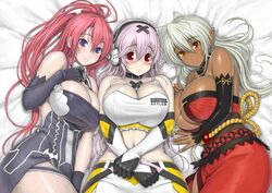 artist_request big_breasts dark-skinned_female dark_elf dark_skin foursome ignis_(jingai_makyo) jingai_makyou jingai_makyou_club long_hair nitroplus pink_hair purple_eyes red_hair sansei_muramasa soukou_akki_muramasa super_sonico