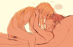 07th_expansion 2boys anal anal_sex androgynous ange_(angeban93) bed blonde_hair blush closed_eyes completely_nude embrace english_text femboy gay girly lion_ushiromiya long_hair long_hair_male looking_at_partner male male/male male_only nude on_bed penetration penis pubic_hair smile speech_bubble sweat text trap umineko_no_naku_koro_ni wholesome willard_h_wright yaoi