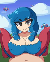 1boy 1girls animated avian background_characters black_eyes blue_feathers blue_hair blush breast_squeeze breasts cleavage clothing clouds female female_focus femdom gif harpy harpy_(terraria) humanoid large_breasts looking_at_viewer loop male monster_girl nipple_bulge outercourse paizuri penis pigtails pov red_feathers simple_background smile terraria vadaboob wings