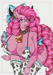 1girls anthro anthrofied big_breasts bikini braided_hair breasts clothed clothing cow_horns cow_print cowbell drooling equine female female_only fluffy friendship_is_magic frills furry hair_ornament hair_ribbon huge_breasts large_breasts longinius looking_at_viewer my_little_pony nipple_bulge pinkie_pie_(mlp) sitting skimpy smile solo stockings straight_hair tag thighhighs tied_hair tongue tongue_out traditional_media_(artwork)