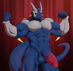 2020 abs absurd_res alien anthro balls biceps big_balls big_penis blue_body e-zoid ear_piercing ear_ring finnter_(e-zoid) flexing genitals hi_res horn huge_balls huge_cock male male_only muscular penis piercing solo