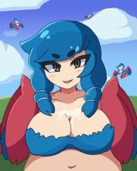 1boy 1boy1girl 1girls animated avian background_characters big_breasts black_eyes blue_feathers blue_hair blush breast_squeeze breasts cleavage clothed clothed_female clothing clouds cum cum_between_breasts cum_on_body cum_on_breasts cum_on_chest cum_on_upper_body cumshot damage_numbers female female_focus femdom gif half-closed_eyes harpy harpy_(terraria) humanoid large_breasts looking_at_viewer loop male monster_girl nipple_bulge open_smile outercourse paizuri paizuri_under_clothes penis pigtails pov pov_male red_feathers seductive_smile simple_background smile straight terraria vadaboob wings