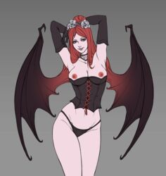 1girls breasts castlevania castlevania:_symphony_of_the_night corset demon female gloves monster_girl nipples panties rerorero solo_female succubus succubus_(castlevania) succubus_costume wings