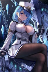 azur_lane big_breasts black_gloves blue_eyes blue_hair chain chains chapayev_(azur_lane) collar eternity908 eyebrows_visible_through_hair eyes_visible_through_hair female gloves ice knees night night_sky sideboob skirt smile snow stars thighs tights uniform white_hat white_uniform