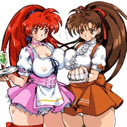 1:1 2019 2girls akira_(viper) anna_miller ass bare_arms blush bow breast_squish breasts brown_eyes brown_hair cameltoe choker cleavage clothed clothing corset crossover drink erect_nipples erect_nipples_under_clothes eye_contact eyebrows_visible_through_hair female female_only fingerless_gloves frills fully_clothed glass gloves hair_ribbon highres holding_tray japanese_text large_breasts legwear long_hair long_ponytail looking_at_each_other matching_hair/eyes multiple_girls nipple_bulge orange_clothing panties pantyshot pantyshot_(standing) petitdry pink_clothing plate ponytail red_eyes red_hair ribbon ribbon_choker simple_background skirt standing sweat sweatdrop text thick_thighs thigh_ribbon thigh_strap thighs tied_hair translated tray underwear uniform variable_geo viper_(series) viper_v16 waitress white_background white_clothing white_panties yuka_takeuchi