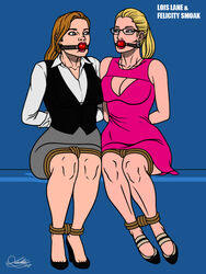 2girls ball_gag blonde_hair brunette captured dc dc_comics eye_contact felicity_smoak gag high_heels kaywest lois_lane multiple_girls rope tied_up worried