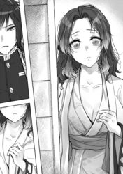 1boy 1girls breasts cleavage comic demon_slayer female greyscale gyushino hair_down imminent_sex japanese_clothes kimetsu_no_yaiba kimono kochou_shinobu kyarotto_(zenkixd) straight sweatdrop tomioka_giyuu