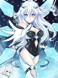 1girls bare_shoulders battlesuit black_heart blue_eyes female game_console glowing glowing_eyes glowing_wings hair_ornament highres long_hair neptunia_(series) noire playstation playstation_5 signature smile solo spleeny standing symbol_in_eye tsundere white_hair wings