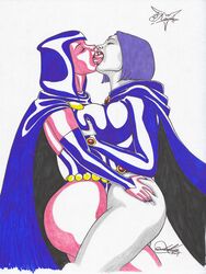 2019 2girls bob_cut breast_press cape cartoon_network cloak crossover dc dc_comics extreme_french_kiss female female_only forehead_jewel french_kiss grey_skin kaywest kissing leotard multiple_girls purple_hair rachel_roth raven_(dc) raven_(dc)_(classic) red_lipstick selfcest smooth_skin square_crossover teen_titans thighs tongue_kiss tongue_out yuri