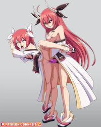 2girls age_difference ahe_gao anal anal_sex breasts carrying clothed_female clothing date_a_live dubious_consent evil_grin female female_only forced forced_yuri horns itsuka_kotori long_hair multiple_girls pussy rape red_eyes red_hair reit sandals selfcest standing standing_sex strap-on time_paradox tongue_out young younger_female yuri