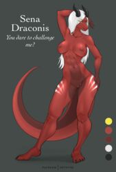 anthro big_breasts black_horn breasts dragon english_text erthy3d female hair horn model_sheet nude pinup pose red_body senadragonis_(character) solo text white_hair yellow_eyes