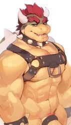 2020 accessory anthro biceps body_hair bondage bound bowser chest_hair cock_ring collar darkgem digital_media_(artwork) genitals hair half-closed_eyes hi_res horn humanoid_genitalia humanoid_penis jewelry koopa looking_at_viewer male male_only mario_(series) muscular muscular_male narrowed_eyes nintendo nipples open_mouth pecs penis penis_accessory penis_jewelry pubes red_eyes red_hair scalie simple_background solo spikes teeth video_games white_background