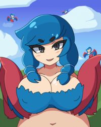 1boy 1boy1girl 1girls animated avian background_characters big_breasts black_eyes blue_feathers blue_hair blush breast_squeeze breasts cleavage clothed clothed_female clothing clouds female female_focus femdom gif half-closed_eyes harpy harpy_(terraria) humanoid large_breasts looking_at_viewer loop male monster_girl nipple_bulge open_smile outercourse paizuri paizuri_under_clothes penis pigtails pov pov_male red_feathers seductive_smile simple_background smile straight terraria vadaboob wings