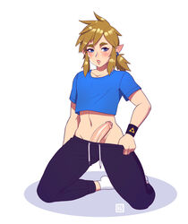 1boy androgynous breath_of_the_wild crop_top femboy feminine_male girly hylian link link_(breath_of_the_wild) looking_at_viewer male male_focus male_only navel nintendo penis pointy_ears rizdraws simple_background smooth_penis socks solo source_request the_legend_of_zelda triforce_bracelet white_background year_request yoga_pants