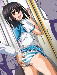 ass_grab black_hair clothing embarrassed groping hair_between_eyes hand_on_ass himeragi_yukina molestation open_mouth panties pleated_skirt public raised_shirt school_uniform serafuku skirt skirt_lift strike_the_blood striped_panties stripped_naked