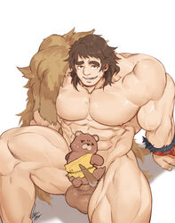 2boys abs anal bara brown_hair fate/grand_order fate_(series) feather_boa feet_out_of_frame gomtang large_pectorals large_penis male_focus male_only mature_male multiple_boys muscular muscular_male nipples nude orion_(bear)_(fate) orion_(super_archer)_(fate) penis raised_eyebrow selfcest sex short_hair sitting smile spread_legs stomach stuffed_animal stuffed_toy sweatdrop teddy_bear testicles thick_eyebrows thick_thighs thighs vambraces veins yaoi