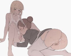 1futa 2girls after_sex after_vaginal anus ass bangs blonde_hair blunt_bangs blush breasts brown_hair censored closed_eyes cum cum_in_pussy eyebrows_visible_through_hair fellatio female_pubic_hair futa_on_female futa_with_female futanari futanari-sama_(mdf_an) garter_straps hair_bun hair_bun_maid_(mdf_an) long_hair maid mdf_an mosaic_censoring multiple_girls oral original penis pubic_hair pussy short_hair small_breasts sweat testicles thighhighs white_background yuri