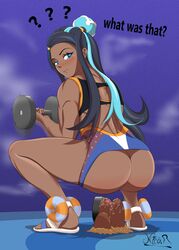 1girls ? anal_insertion ass blue_eyes blue_hair blush crotchless dark-skinned_female dark_skin double_penetration dugtrio female female_only feral genital_fluids high_resolution human large_ass looking_down muscular_female nessa_(pokemon) nicolarts69 nintendo no_panties oblivious pokemon pokemon_rgby pokemon_ss pussy_juice squatting text thick_ass thick_thighs thighs two_tone_hair vaginal_insertion wide_hips