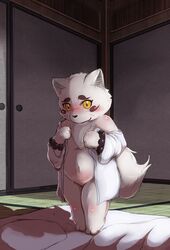 amber_eyes anthro bedroom blush canid canine chest_tuft clothing female flat_chested fox genitals gingitsune haru_(gingitsune) kokkoman looking_at_viewer mammal pussy shy slightly_chubby solo tuft undressing white_body young