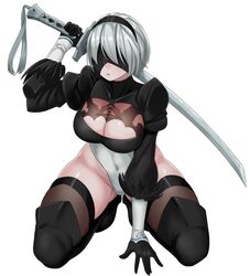 1girls breasts covered_eyes female female_only grey_hair huge_breasts katana kneeling leotard nico-mo nier nier:_automata shiny_skin short_hair simple_background solo solo_focus sword white_background yorha_2b