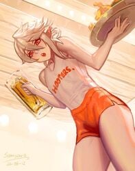 1boy beer beer_mug corrin_(fire_emblem) corrin_(fire_emblem)_(male) crossdressing cute_male femboy femboy_hooters fire_emblem fire_emblem_fates girly holding_object hooters hooters_uniform male male_only nintendo plate pointy_ears samsara samsara_(shuukeura) shorts skirt solo trap upskirt waitress white_hair