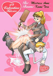 1boy 1boy1girl bent_over_lap bigger_dom black_skirt business_suit chair crying cum female femdom heels kamitora malesub miniskirt mistress_anne_(kamitora) office_lady over_the_knee over_the_knee_spanking paddle pants_down pencil_skirt ponytail red_ass skirt skirt_suit spank_marks spanked spanking tagme tears text valentine's_day