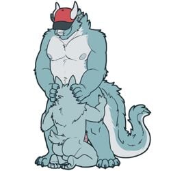 1:1 2020 alpha_channel andeanbear_den anthro ass balls belly blue_body canid canine clothing dragon duo genitals hat headgear headwear humanoid_hands male male/male mammal moobs nipples oral sex simple_background slightly_chubby transparent_background