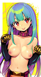 1girls :p aqua_hair asian blue_hair blush breasts choker clenched_hands collar collarbone cute elbow_gloves eyelashes female fringe gloves happy hime_cut king_of_fighters kula_diamond long_hair looking_at_viewer mechanical_hand medium_breasts navel nipples nude pale_skin paw_pose red_eyes shunin skinny slim snk solo standing teenager tongue tongue_out yellow_background