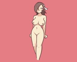 blush breasts brown_hair completely_nude embarrassed erect_nipples female fire_emblem fire_emblem_fates fire_emblem_heroes kagero_(fire_emblem) large_breasts long_hair low_resolution midriff navel nintendo nipples nude red_background rollep solo vagina