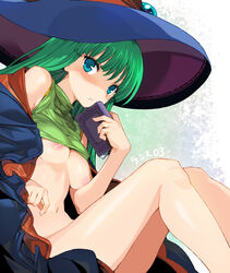 blue_eyes book bottomless breasts cape clothing female green_hair hat holding_book holding_object looking_at_viewer masou_shizuka medium_breasts naked_cape nipples photoshop_(medium) rance_(series) rance_vi sengoku_rance shaded_face shirt shirt_lift shunin sitting sleeveless sleeveless_shirt solo