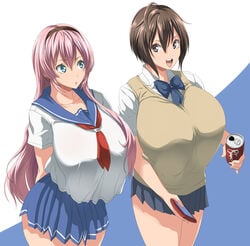 big_breasts brown_hair huge_breasts kloah long_hair pink_hair school_uniform skirt