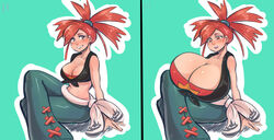 1girls abs big_breasts blush breast_expansion eye_contact female flannery_(pokemon) flannery_(pokemon_oras) gym_leader hair_ribbon huge_breasts human looking_at_viewer nintendo pale-skinned_female pale_skin pinkkoffin pokemon pokemon_oras pokemon_rse red_eyes red_hair solo sweat